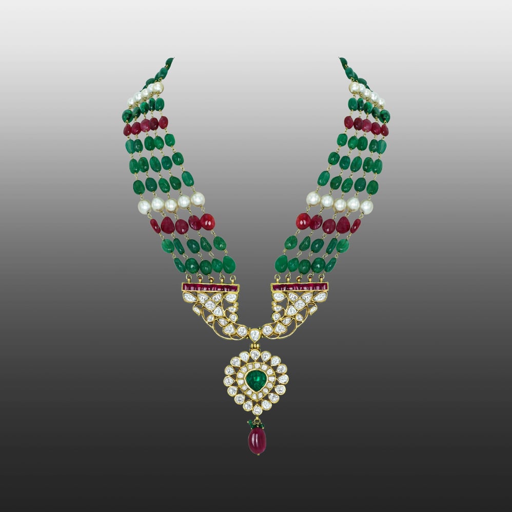 Multistrand Emerald Necklace with Polki Pendant and Ruby Drop